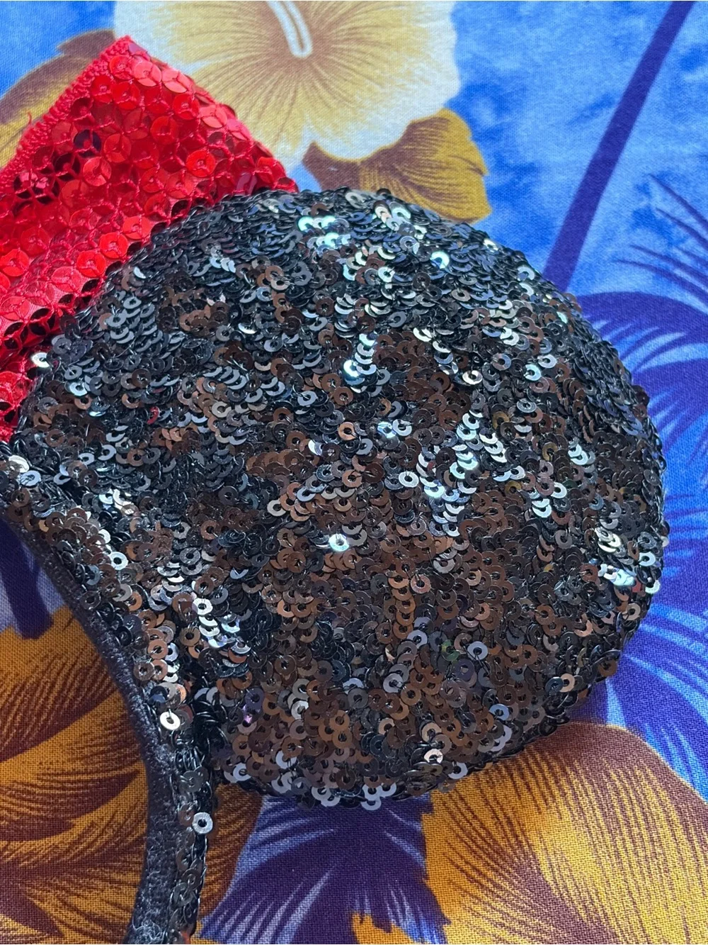 Disney Parks Minnie Mouse Black Sequin Ears Headband with Red Bow